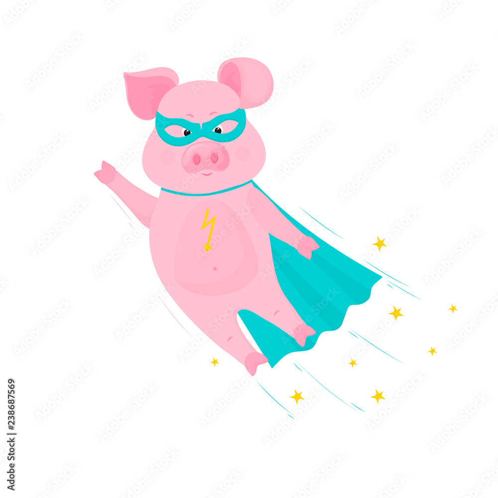 Pig superhero flies in mask and cape. Piggy vector cartoon character.