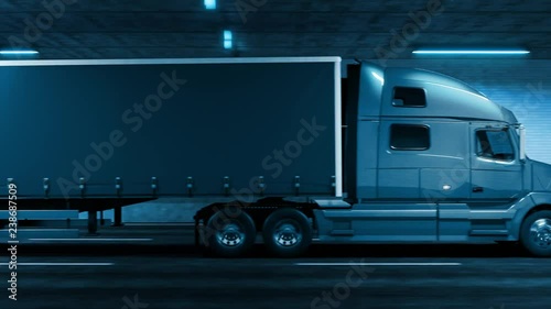 Trailer truck rides through tunnel with cold blue light style 3d rendering