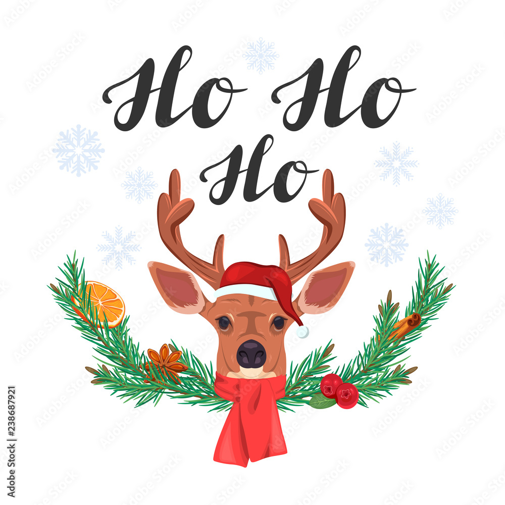 ho ho ho. lettering with deer and fir branches