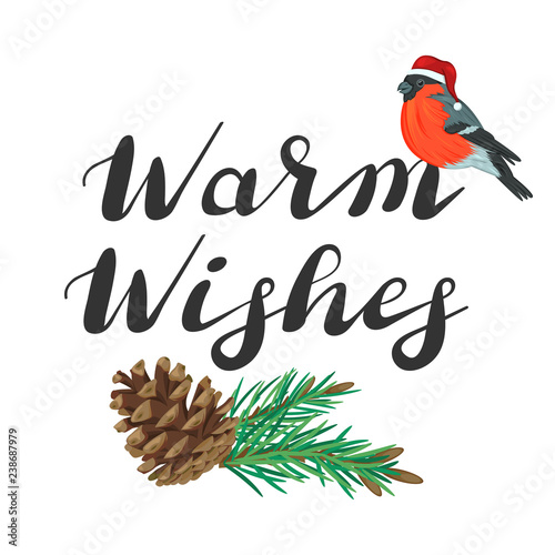 warm wishes. lettering with fir branches and bullfinch