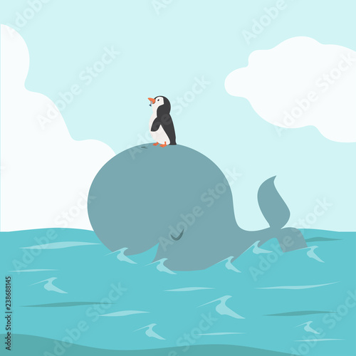 Big Whale Fish with penguin in Sea