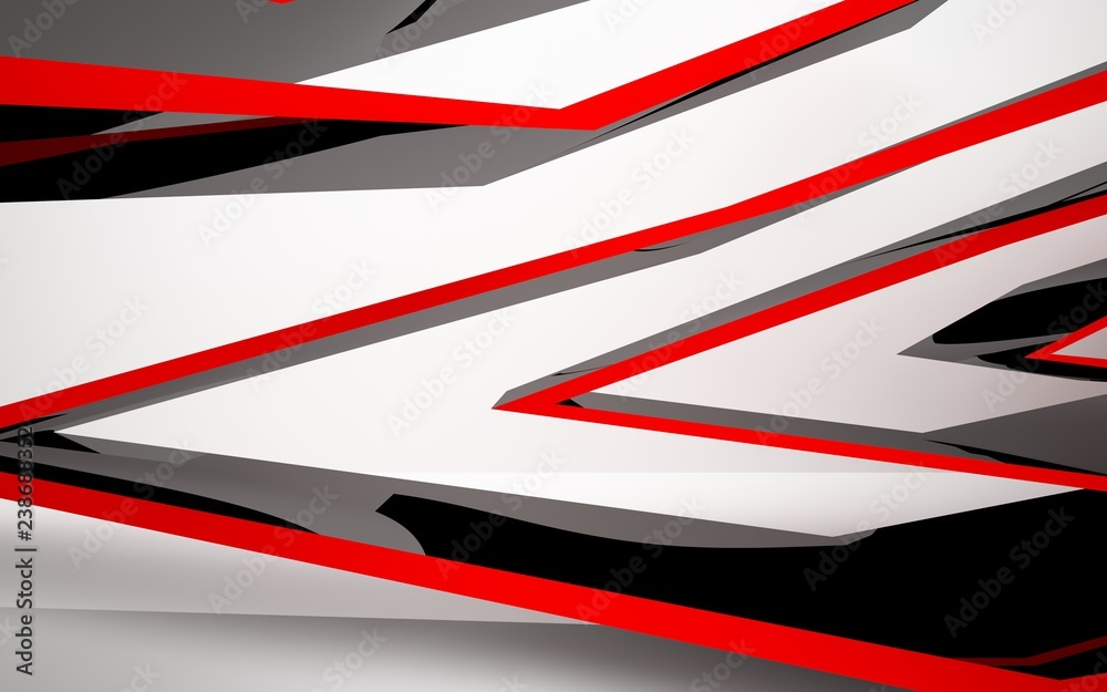Abstract white interior of the future, with glossy black and red sculpture. 3D illustration and rendering Abstract white interior of the future, with glossy black and red sculpture. 3D illustration and rendering