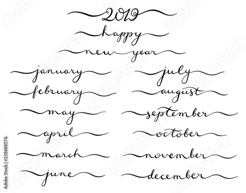 Calligraphic set of months of the year 2019 . December, January, February, March, September, October.