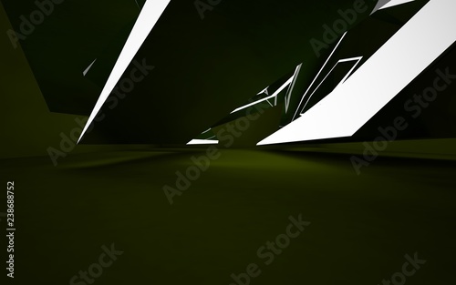 Abstract interior of the future in a minimalist style with green sculpture and water. Night view . Architectural background. 3D illustration and rendering