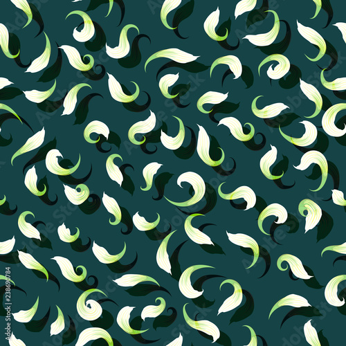 Vector seamless pattern of rotating light petals on a dark green background, spring-summer motive.