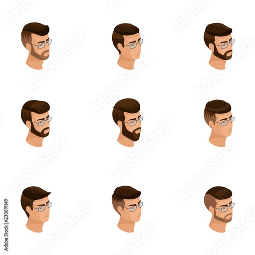Isometric icons of the head of the hairstyle, 3D faces, eyes, lips, male emotions. Qualitative isometry of people for vector illustrations