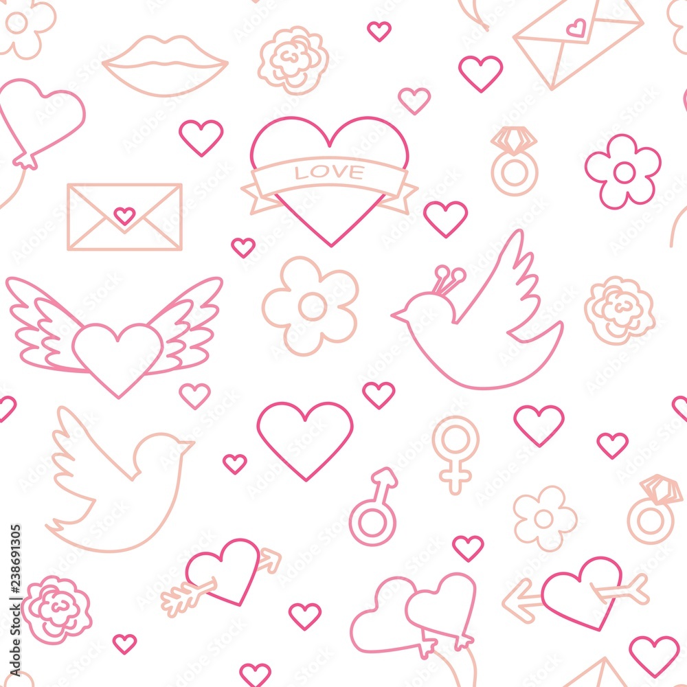 Valentines day seamless pattern. Love, romance flat line icons - hearts, engagement ring, kiss, balloons, doves, valentine card. Red, blue wallpaper for february 14 celebration.