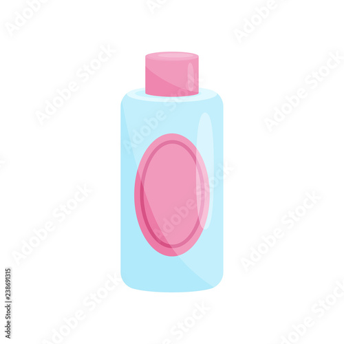 Flat vector icon of plastic nail polish remover bottle with pink oval label and lid. Cosmetic product. Beauty theme