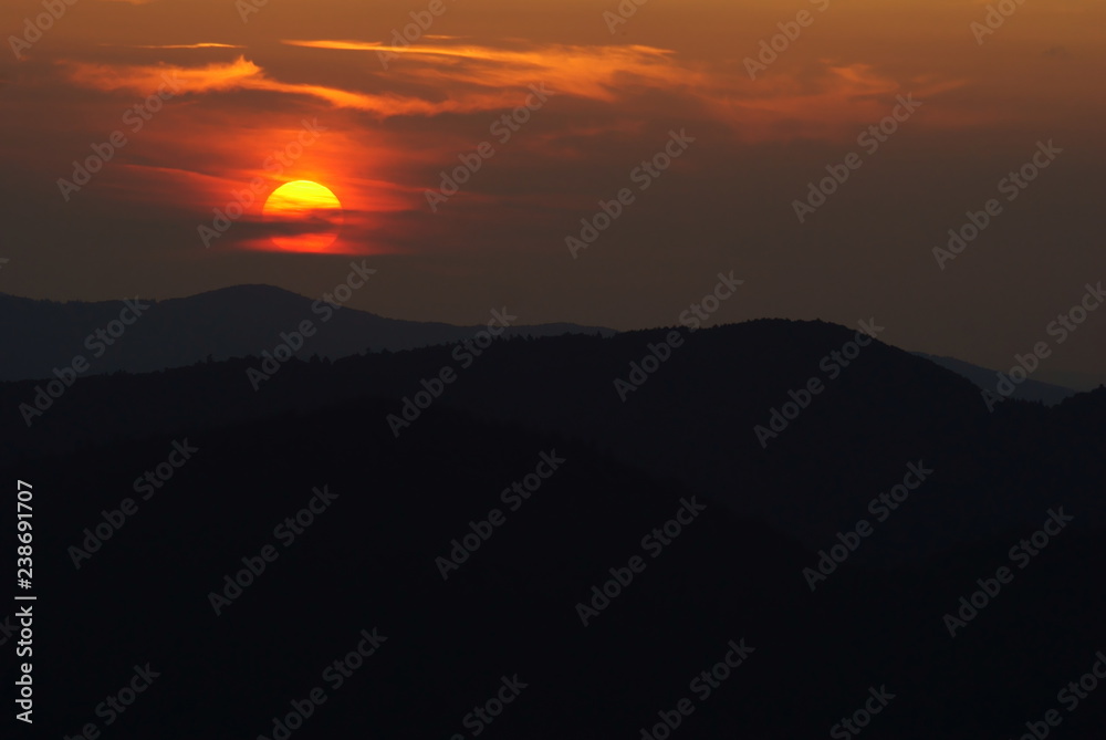 Sun over the mountains. Bieszczady National Park. Poland. Polonina Wetlinska, Polonina Carynska,Tarnica