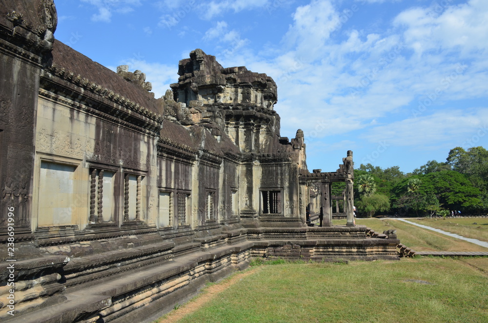 Side view of one of the Angkor Wat buildings in the ancient temple complex of Angkor, Cambodia.