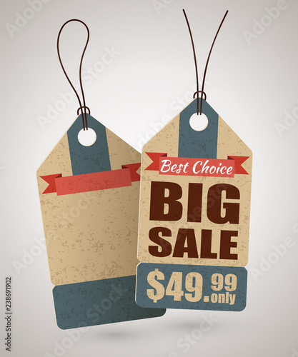 Cardboard price tag or big sale label template in retro style and an empty label behind. Vector illustration