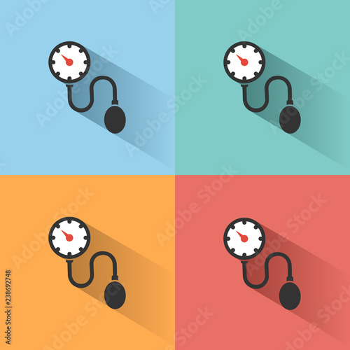 Medical tonometer icon with shadow on colored backgrounds. Blood pressure check