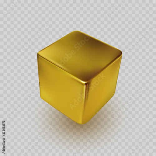 Cube icon isolated on transparent background. Perspective 3d golden box model with a shadow. Vector gold square, bar, ingot or block template.