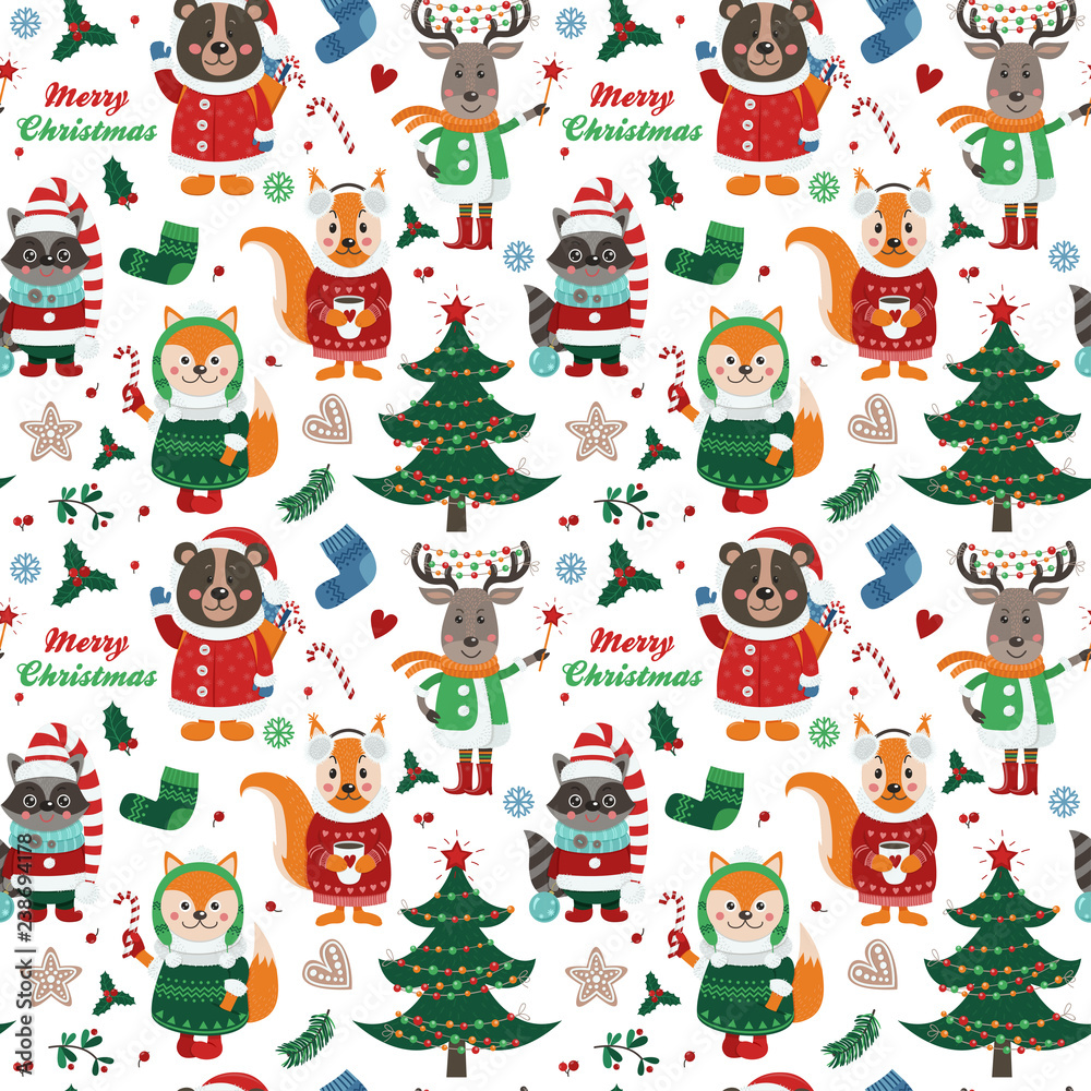 Seamless pattern with forest animals and Christmas items on white background