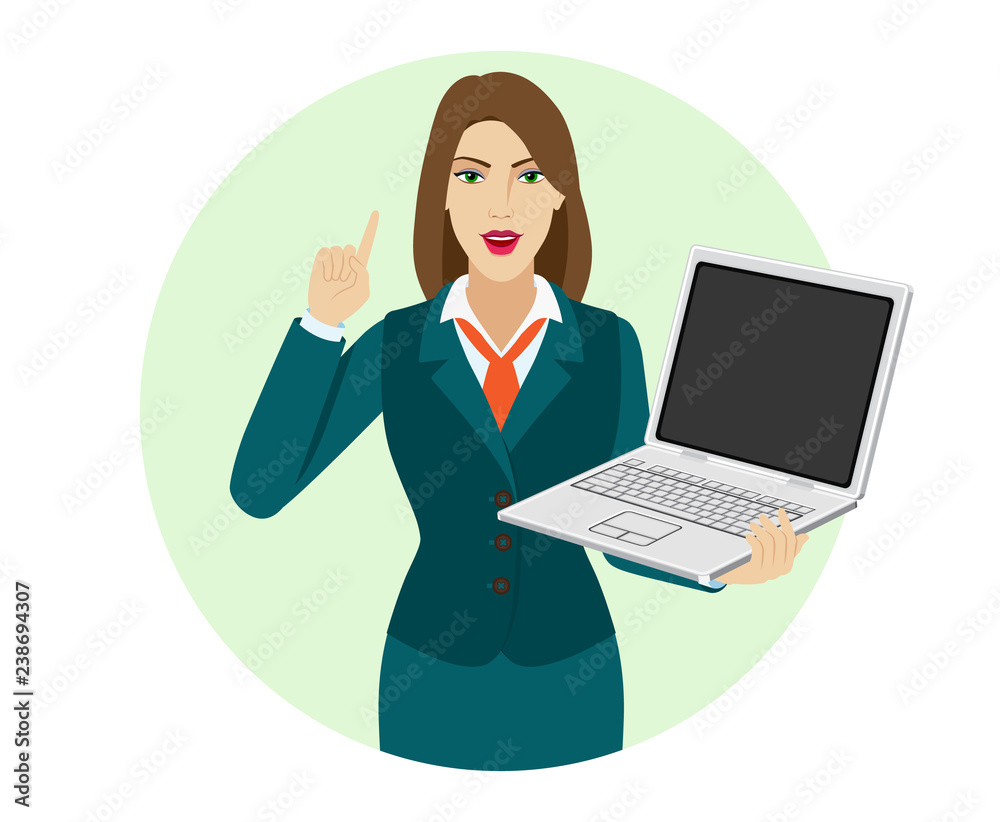 Businesswoman holding a laptop notebook and pointing up Businesswoman holding a laptop notebook and pointing up