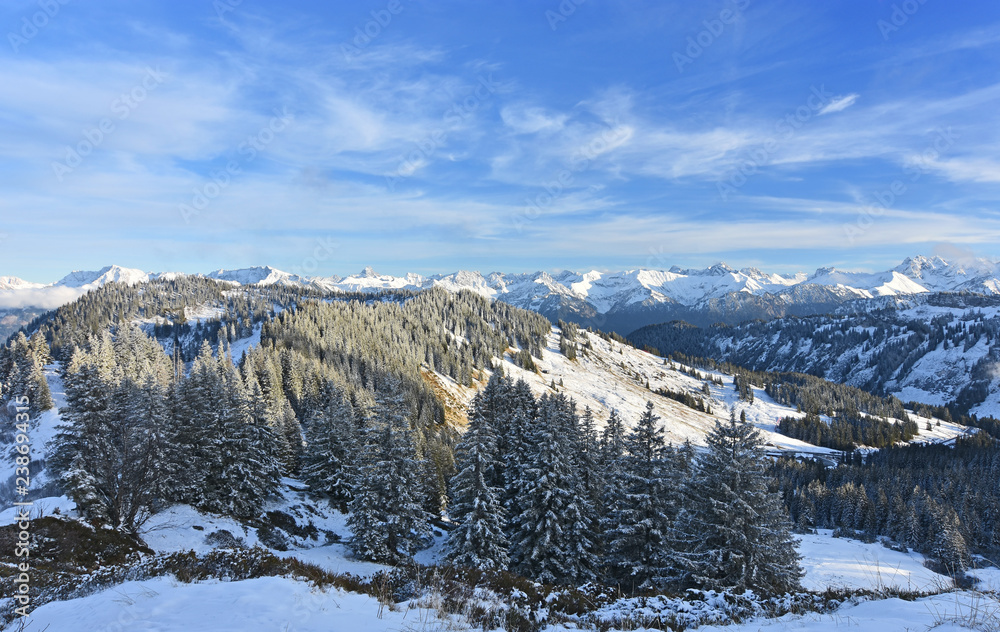 Snow-covered alpine landscape in the the Allgaeu Alps at the Riedbergpass at a beautiful winter day. Forest and hills in the foreground, rocky mountains in the background. Bavaria, Germany
