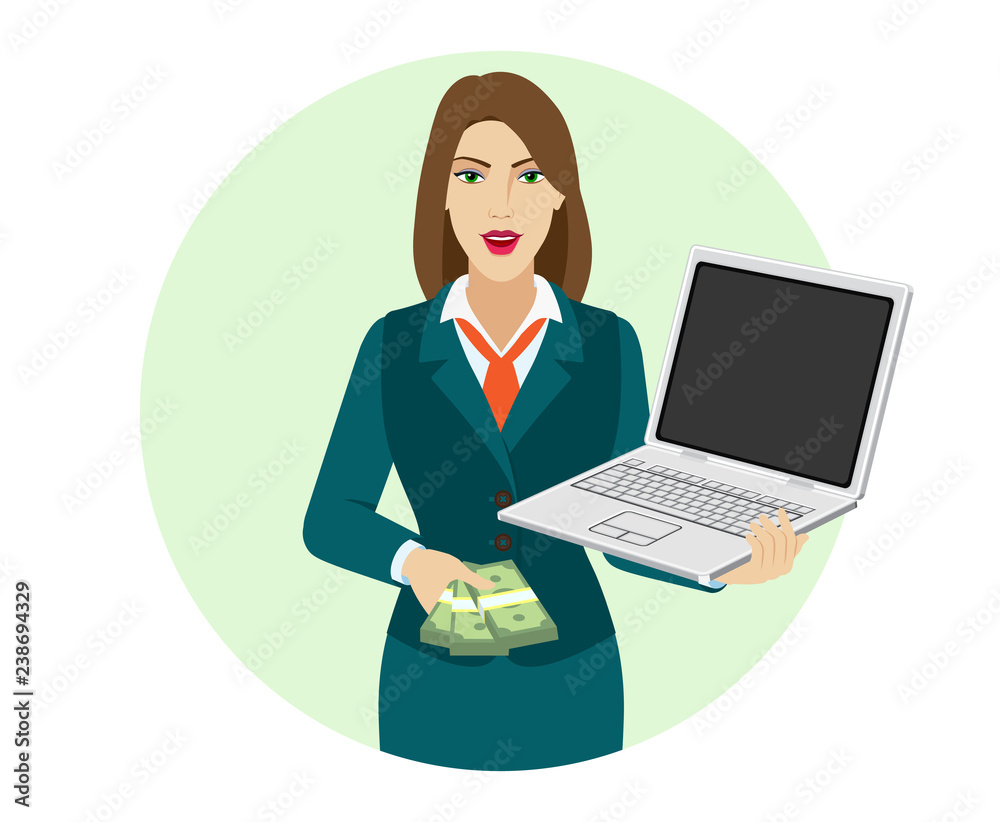 Businesswoman holding a laptop notebook and shows money Businesswoman holding a laptop notebook and shows money
