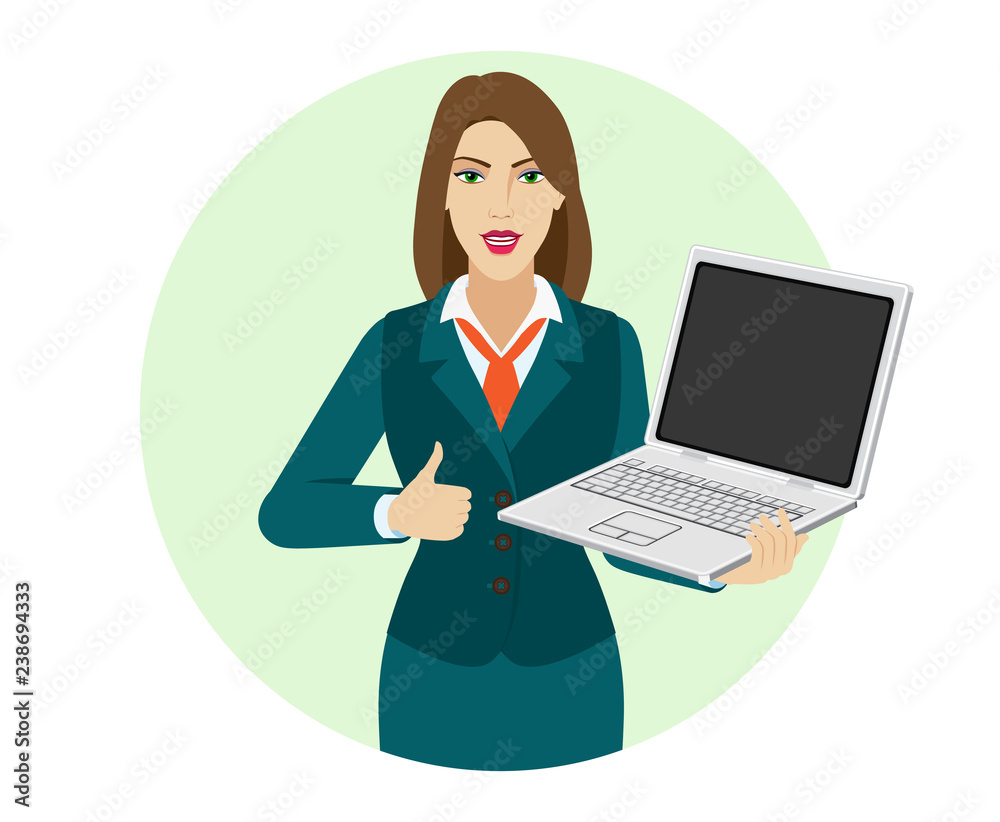 Businesswoman holding a laptop notebook and shows thumb up Businesswoman holding a laptop notebook and shows thumb up