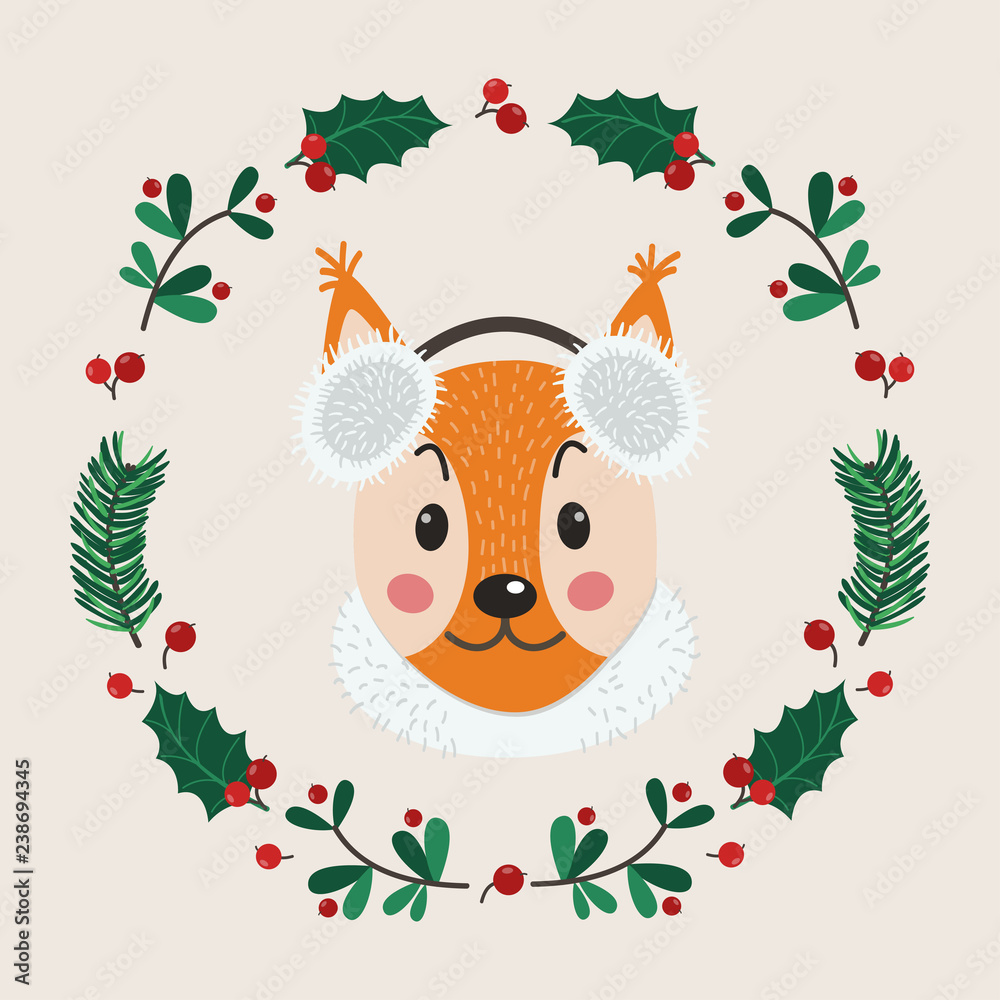 Naklejka premium The face of cute squirrel with a wreath of leaves and twigs