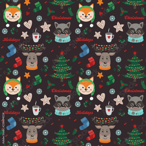 Seamless pattern with forest animals and Christmas items