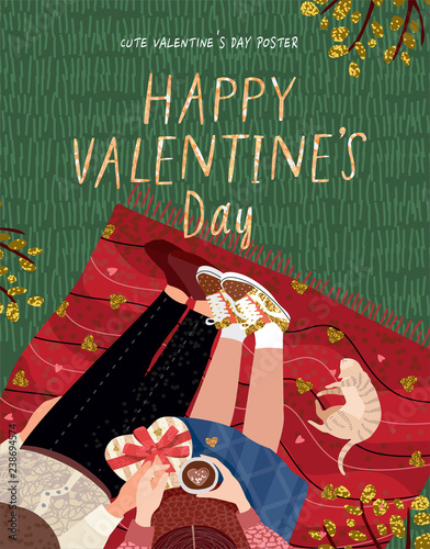 Top view of happy young couple, cute vector drawn card for Valentine's Day by February 14 , young family with pet cat sits on a plaid on the grass, drinks coffee and gives gifts