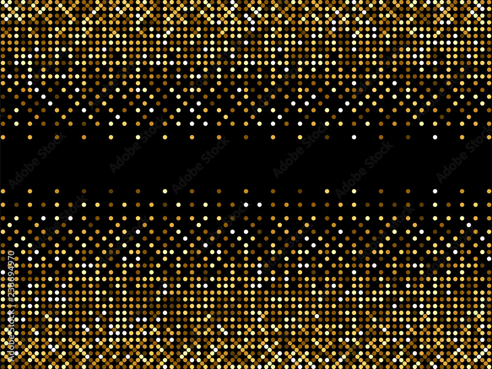 Golden fabric texture. Golden shiny halftone pattern. Gold glitter dots background. Yellow brown dots on black Background. Random color gradient vector, gold ornament. Abstract design element.