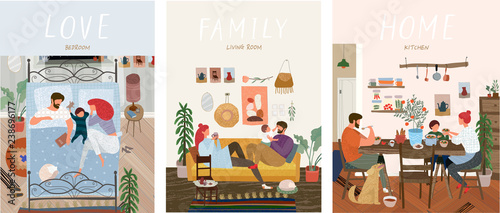 Set of cute vector illustrations of people in everyday life, happy family at home resting in the living room on the sofa, sleeping in the bedroom, eating in the kitchen