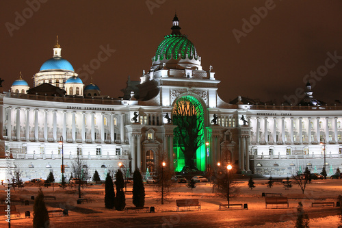 Kazan, Russia, December 5, 2018. Beautiful night view of the Palace of Farmers in the evening illumination in winter