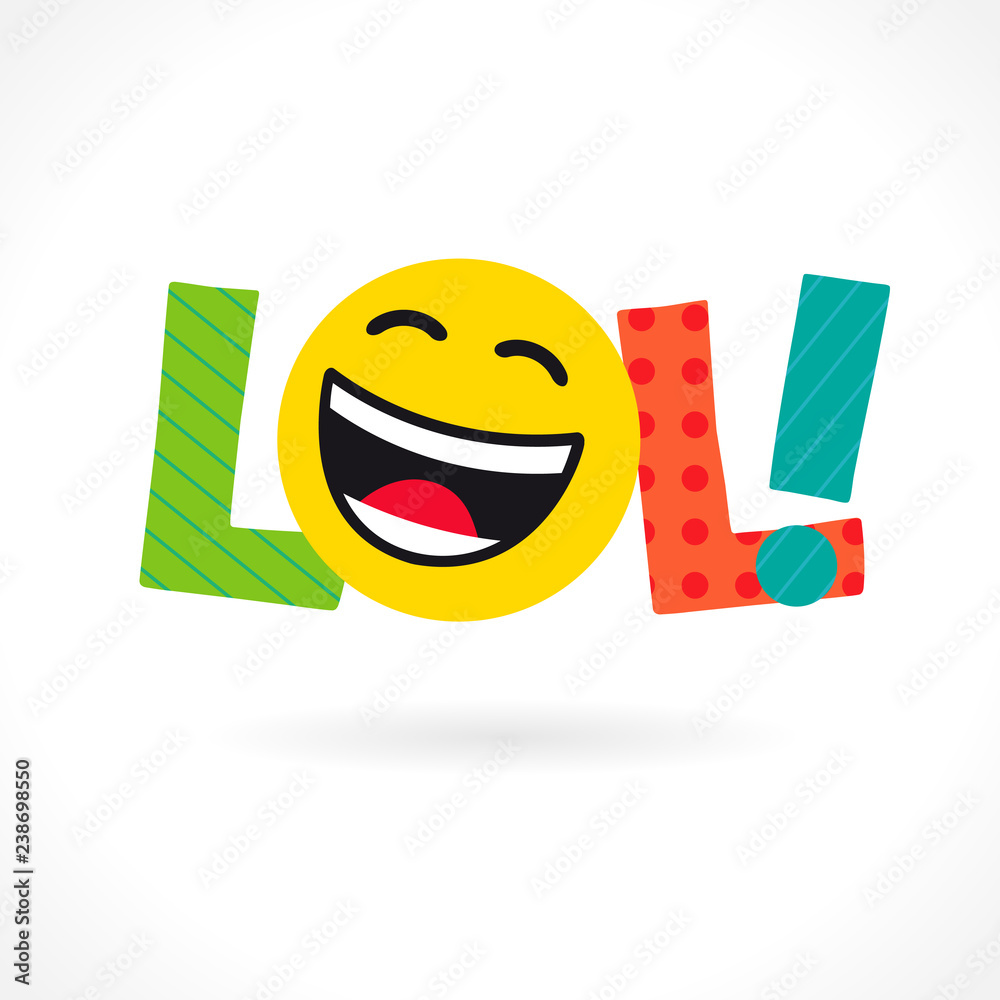 LOL! word icon. Comic emotional web text Lol and big smiling laughing face.  Bright dynamic inscription with coloured letters L in pop art style.  Isolated abstract multicolored graphic design template. Stock Vector