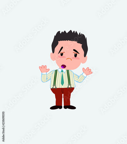 Businessman in casual style makes a gesture of tired resignation.