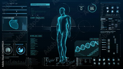 Rotating Human shin body in digital display, UI, Future medical technology, X-ray light. 4k animation.