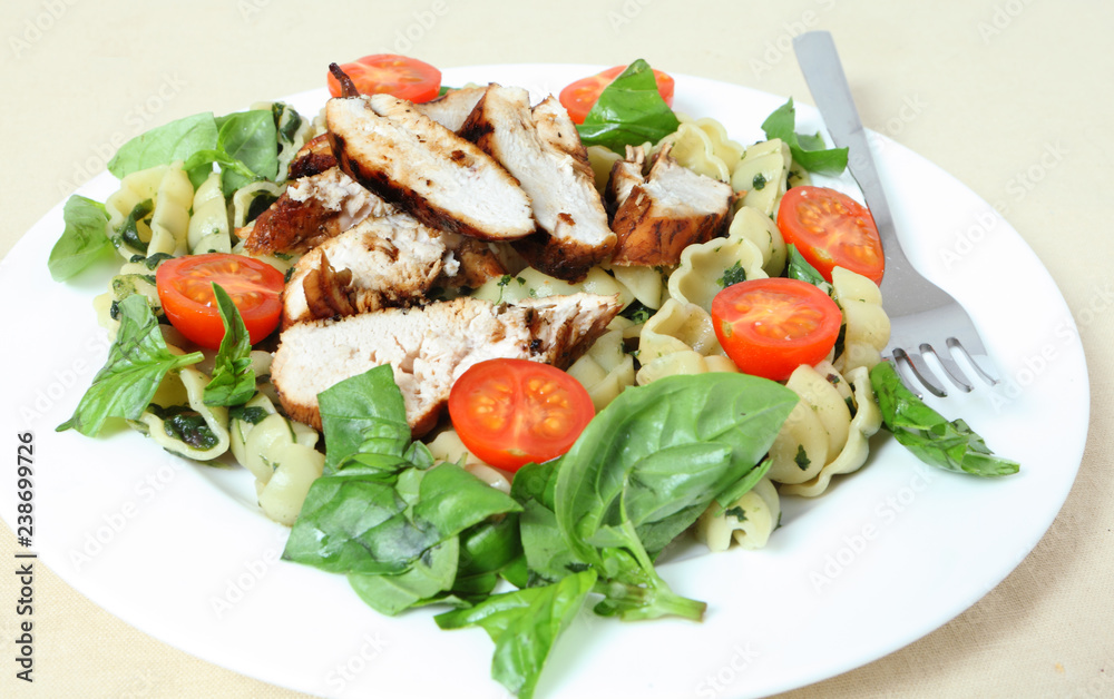 Grilled chicken and pasta salad side view