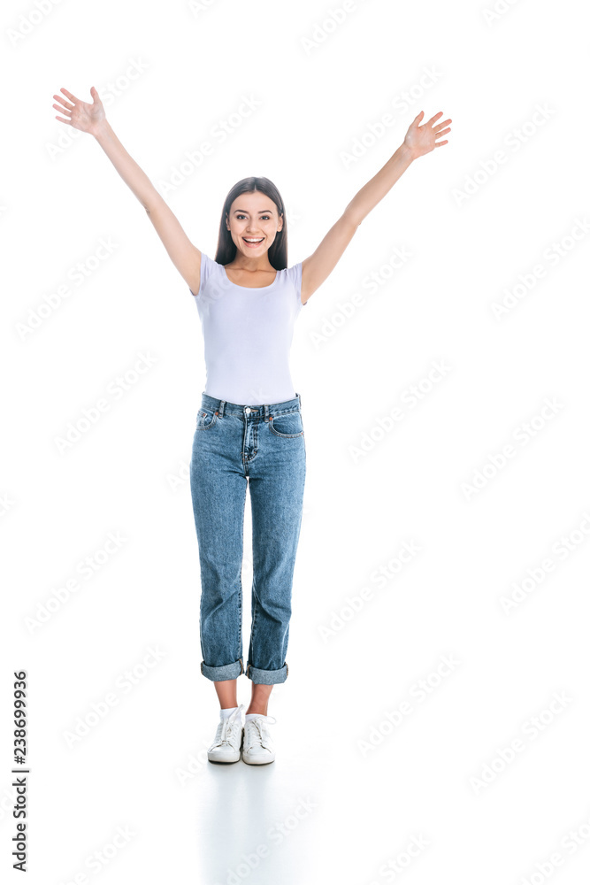 beautiful excited woman in stylish clothing gesturing isolated on white beautiful excited woman in stylish clothing gesturing isolated on white