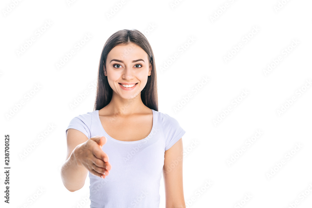 portrait of smiling woman outstretching hand for handshake isolated on white portrait of smiling woman outstretching hand for handshake isolated on white