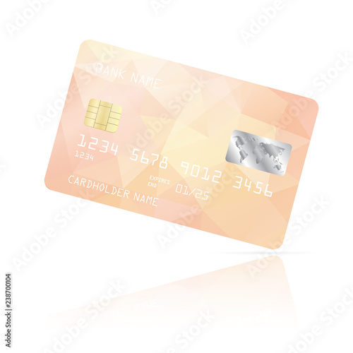 Realistic detailed credit card with pink geometric triangular design isolated on white background