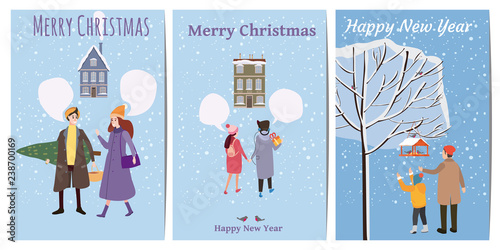 Merry Christmas and Happy New Year, card template with people characters, men and women in winter clothes, trend retro cartoon to style vector, illustration, isolated, banner, template
