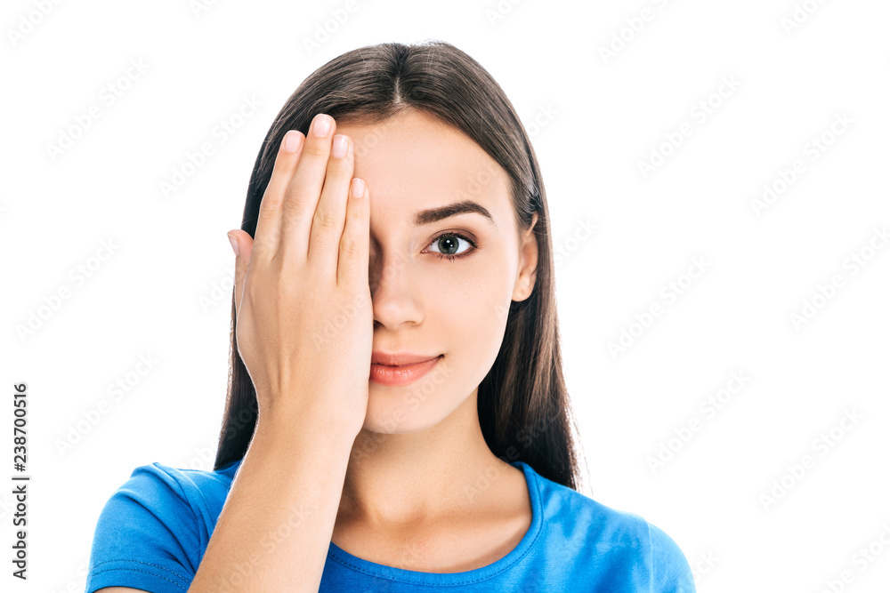 obscured view of smiling woman covering eye with hand isolated on white obscured view of smiling woman covering eye with hand isolated on white
