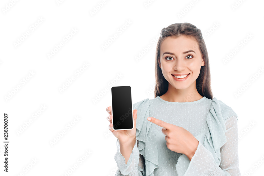 portrait of smiling woman showing smartphone with blank screen isolated on white portrait of smiling woman showing smartphone with blank screen isolated on white