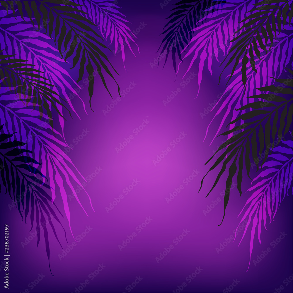 Fototapeta premium Neon tropical summer palm leaves background with proton purple gradient
