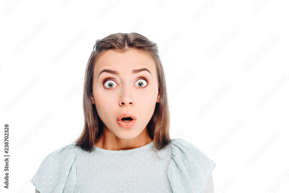 portrait of young shocked woman isolated on white portrait of young shocked woman isolated on white