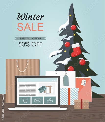 Winter sale Illustration with Christmas tree,  gift boxes and laptop. Spesial offer. 