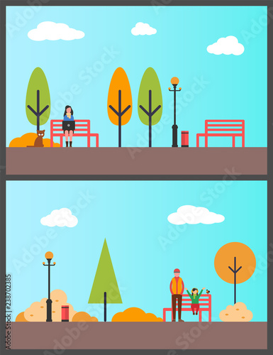 Woman Sitting on Bench, Freelance Worker in Park