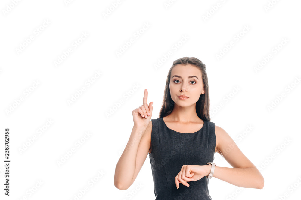portrait of woman in stylish black dress checking time isolated on white portrait of woman in stylish black dress checking time isolated on white