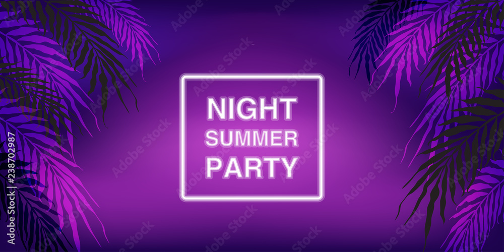 Neon tropical summer palm leaves background with proton purple gradient