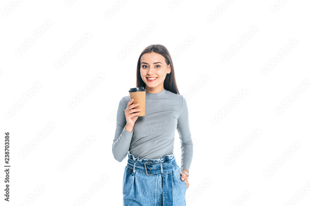 portrait of cheerful young woman with coffee to go isolated on white portrait of cheerful young woman with coffee to go isolated on white