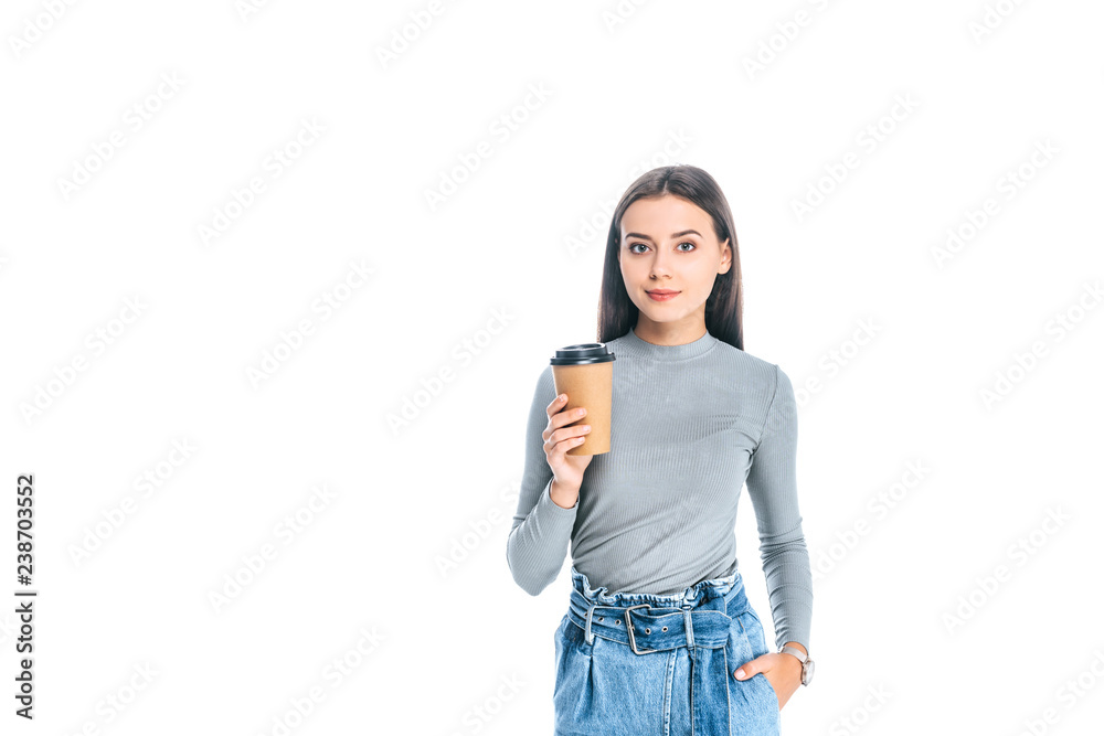 portrait of attractive woman with coffee to go isolated on white portrait of attractive woman with coffee to go isolated on white