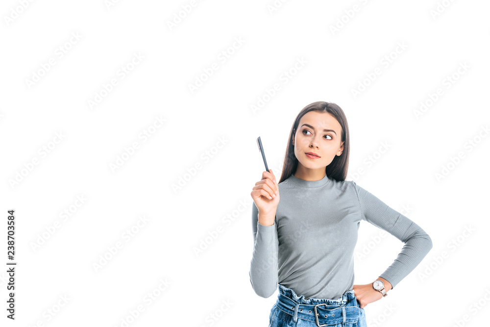 portrait of young pensive woman with pen isolated on white portrait of young pensive woman with pen isolated on white