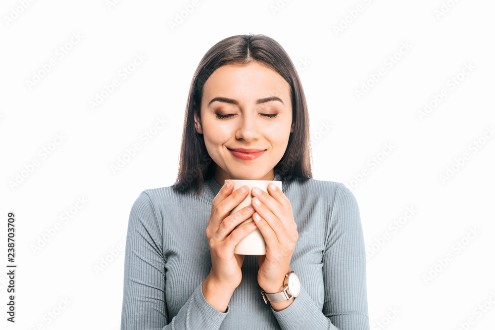 portrait of beautiful young woman holding cup of coffee isolated on white portrait of beautiful young woman holding cup of coffee isolated on white