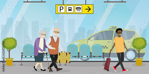 Airport or station interior with furniture,arrival hall zone,people with bagagge