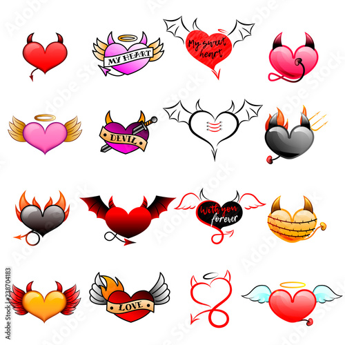 Devil heart vector love red sweetheart with horns on loving valentine day card illustration lovely romantic set of hearted evil demon sign with tale isolated on white background